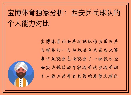 宝博体育独家分析：西安乒乓球队的个人能力对比