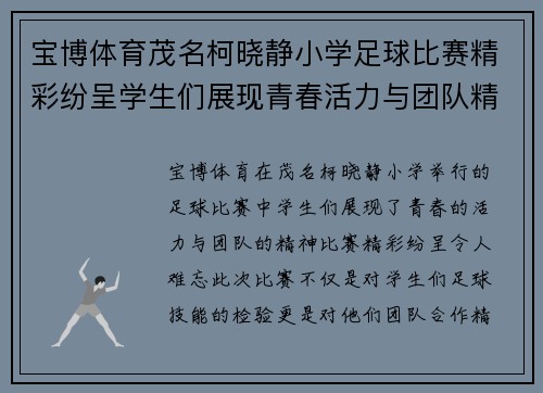 宝博体育茂名柯晓静小学足球比赛精彩纷呈学生们展现青春活力与团队精神