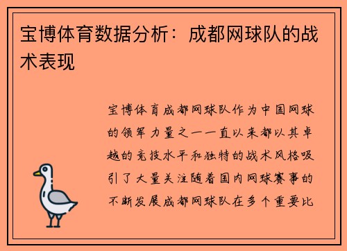 宝博体育数据分析：成都网球队的战术表现